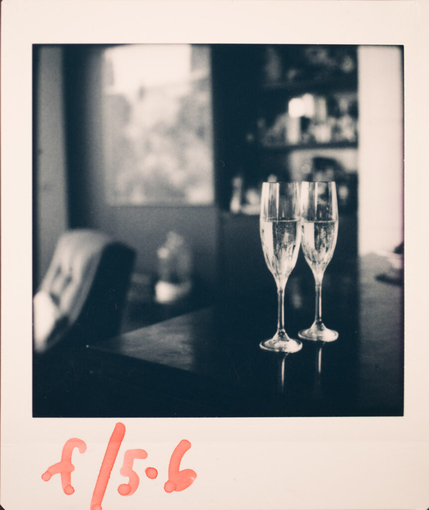 Champagne glasses, Instax Square B&W