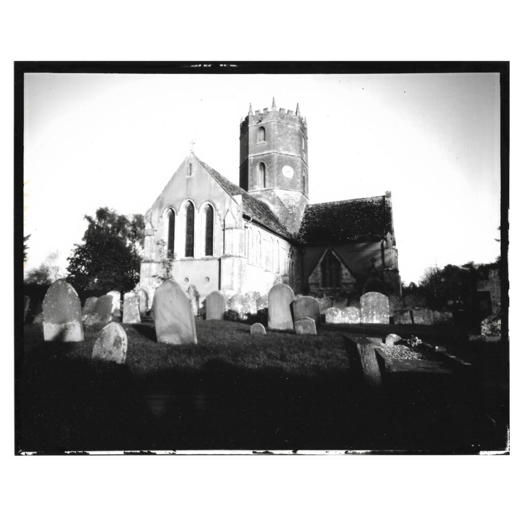 BW reversal image of Uffington Church