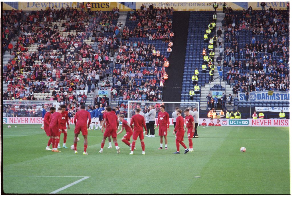 Players warm up for Liverpool FC at Deepdale. Shot on Portra 800, Canon z155.