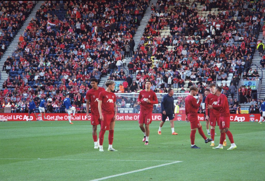 Curtis Jones. Bobby Clark and Jarell Quansah warming up at Deepdale for Liverpool FC. Shot on Portra 800 with a Canon z155