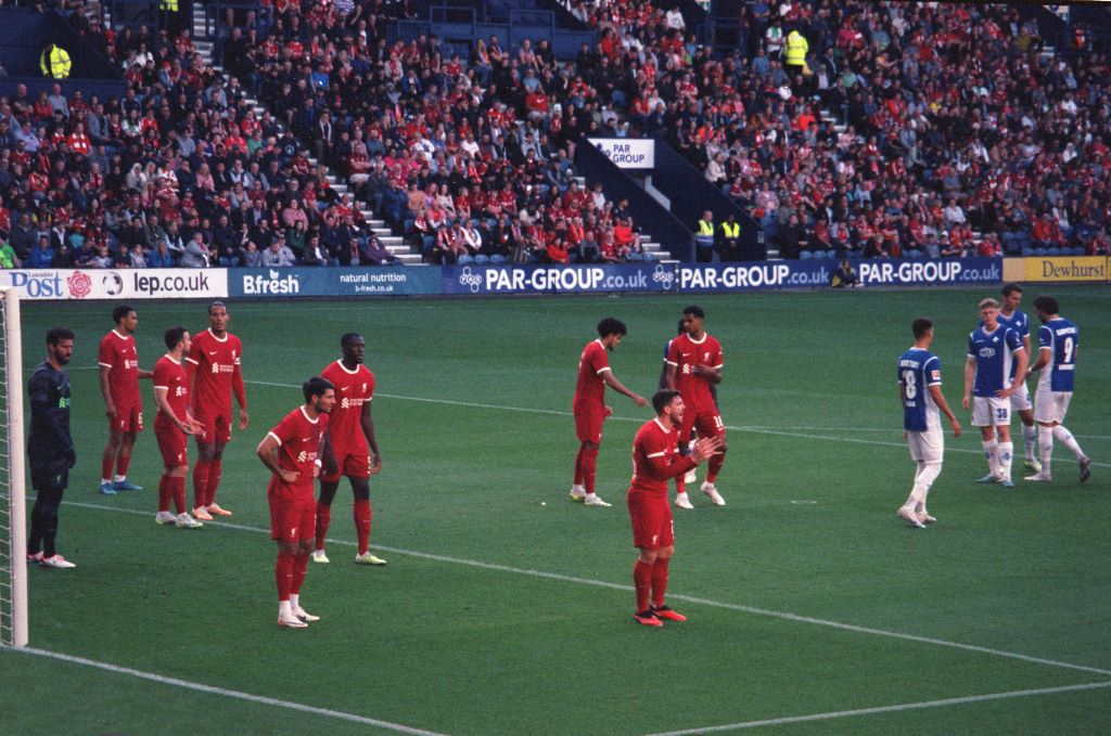 Andy Robertson and other Liverpool players get ready for the Darmstadt attack at Deepdale. Shot on Portra 800 with Canon z155