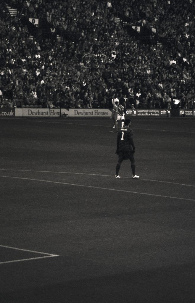 Alisson Becker of Liverpool defends the goal at Deepdale. Pentax Espio 170SL, Rollei Retro 400s