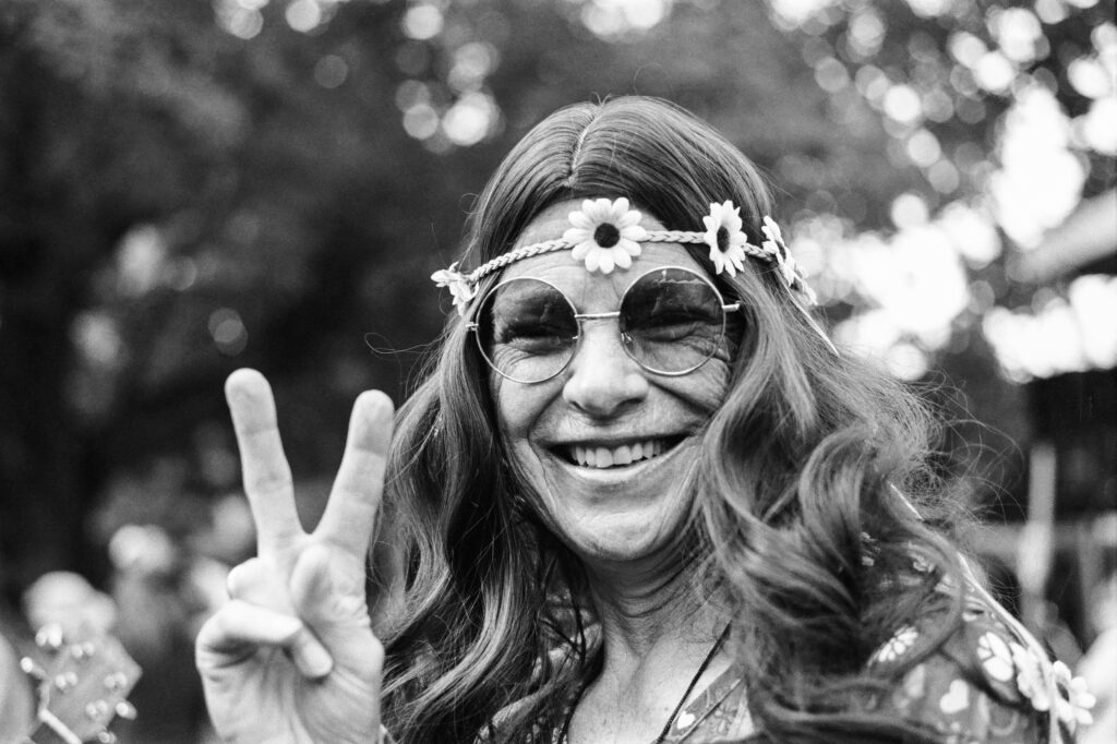 Woman giving peace symbol