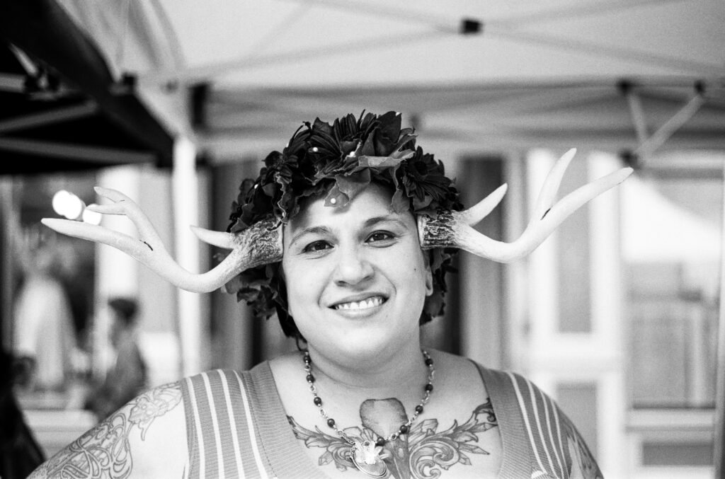 Woman wearing antlers