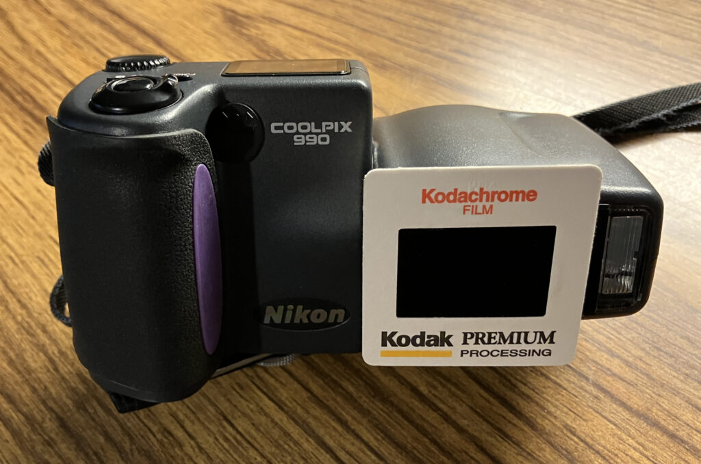 Nikon CoolPix 990 camera with Kodachrome slide attached as IR filter