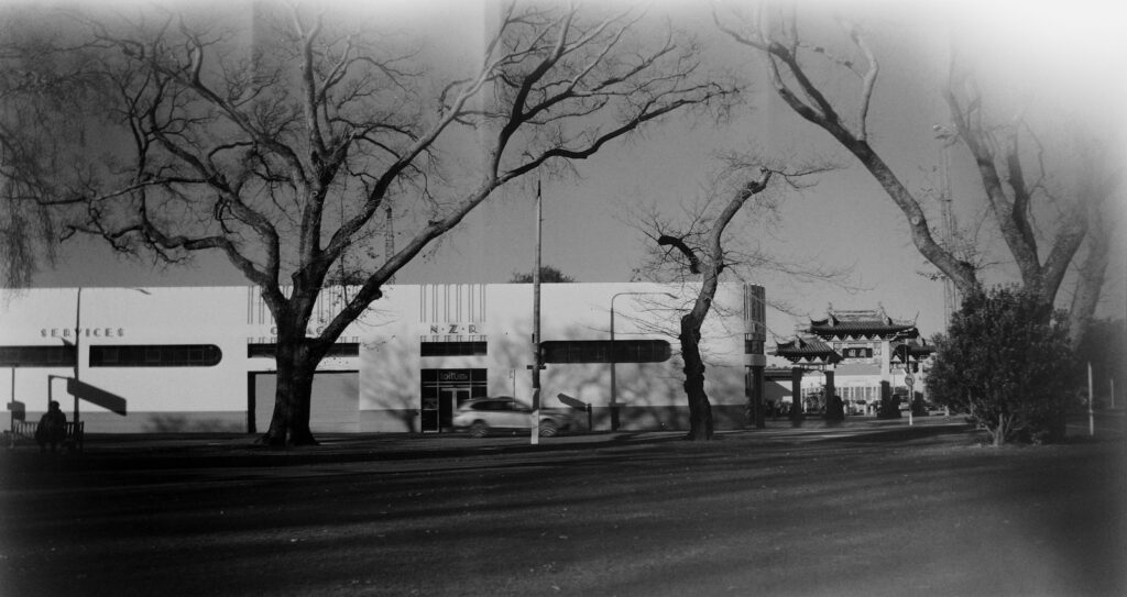 f16 plus 2x yellow filter. Part of Toitu Early Settlers Museum and Chinese Gardens Entrance arch.