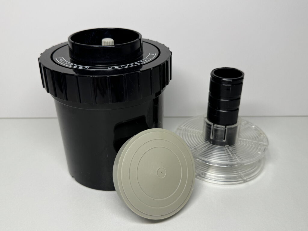 The 1960s Paterson Universal 3 tank is one of the only tanks designed to develop 16mm film, and can also be used to develop 110 film