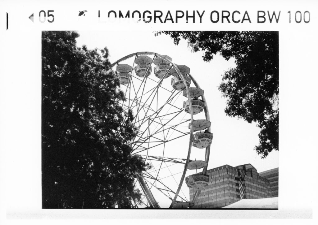 Black and white photo of a Ferris wheel taken from the ground