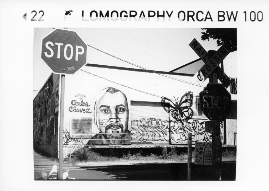 Black and white photo of graffiti art of a man's face and the words "thank you Carlos Chavez"