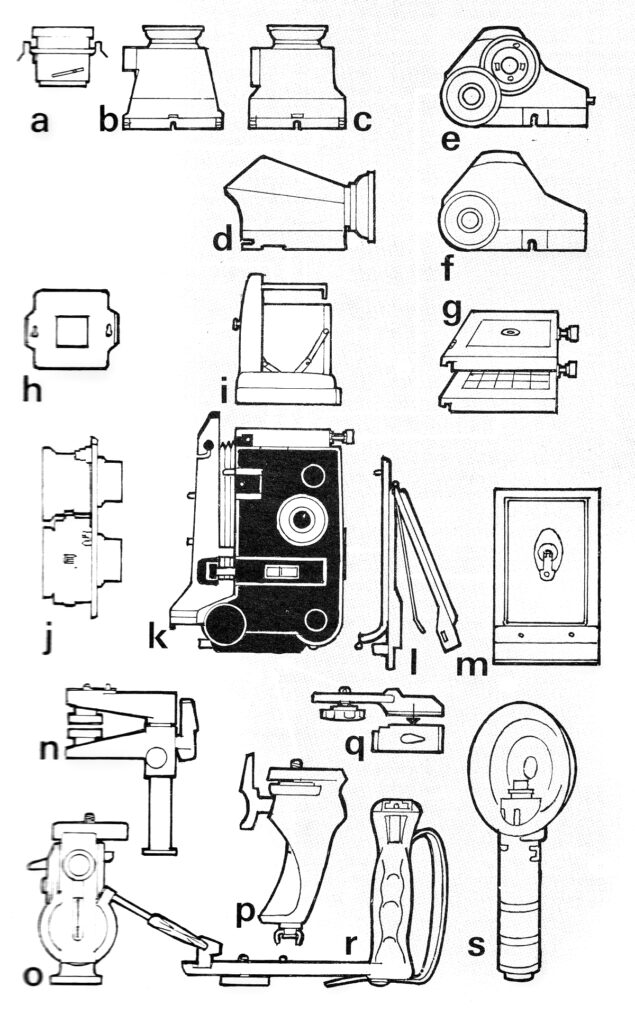 Mamiya’s system built around the C-series. “n” is the second version of the Paramender mentioned below. The camera is mounted on the top plate and the lever on the right side pressed down to raise the camera to the taking position.