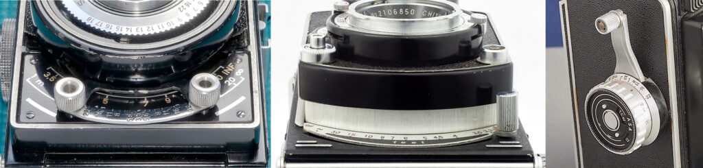 Three variations on the wind/focus arrangement. Left to right, Flexaret V, Minolta Autocord and Kalloflex.