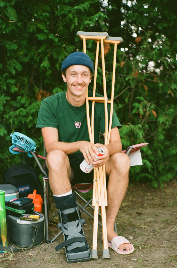 Skateboarder with crutches
