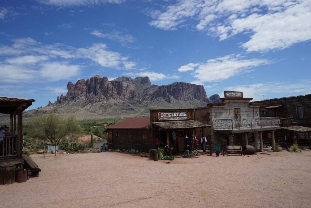an old town with a mountain