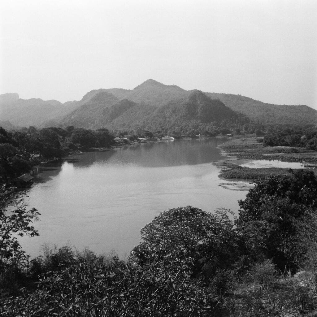 Black and white landscape image of the River Kwai Noi in Kanchanaburi province in Thailand