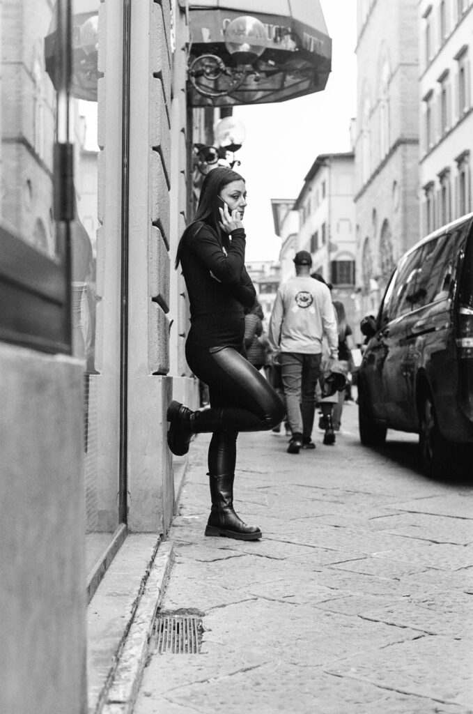 Woman in black leather pants