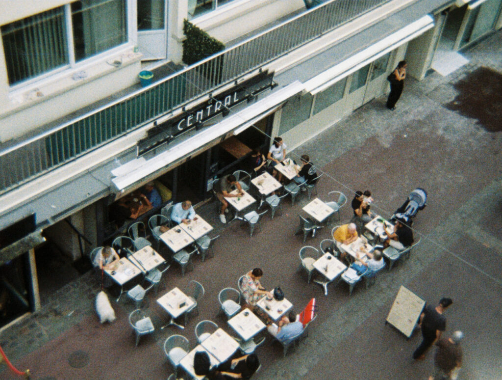 A typical French cafe with tables on the pavement