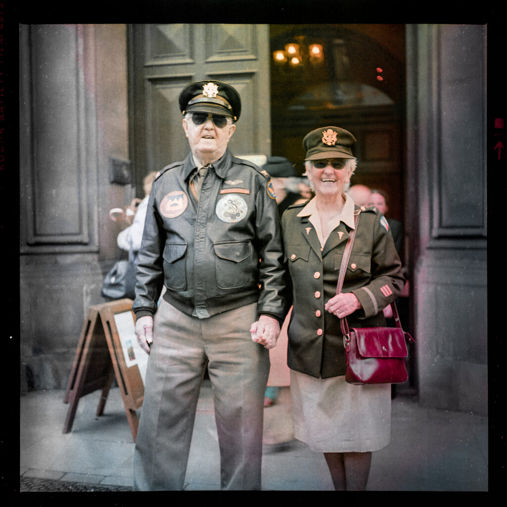 Man and woman in American World War 2 costume Taken with Yashica Mat EM and 47-year old Kodacolor 400 expired in 1997 rated at ISO12