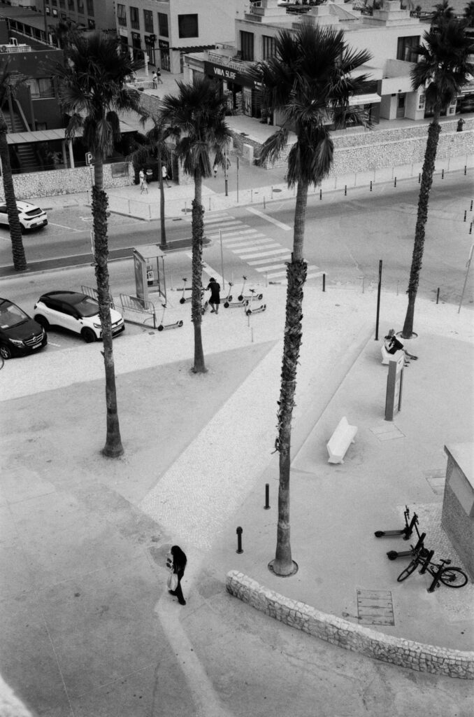 b&w Photo taken from above of a girl walking past palm trees
