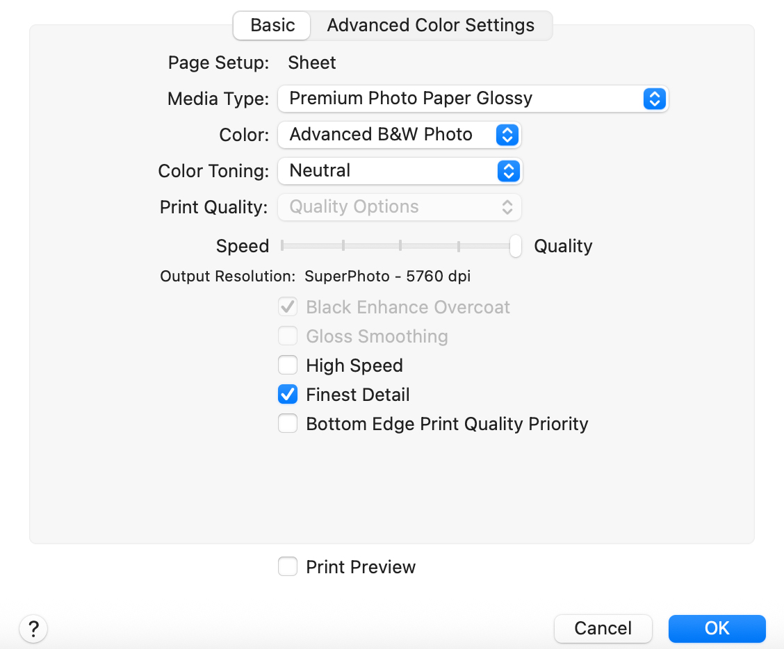 My Epson P700 print settings for printing the negative