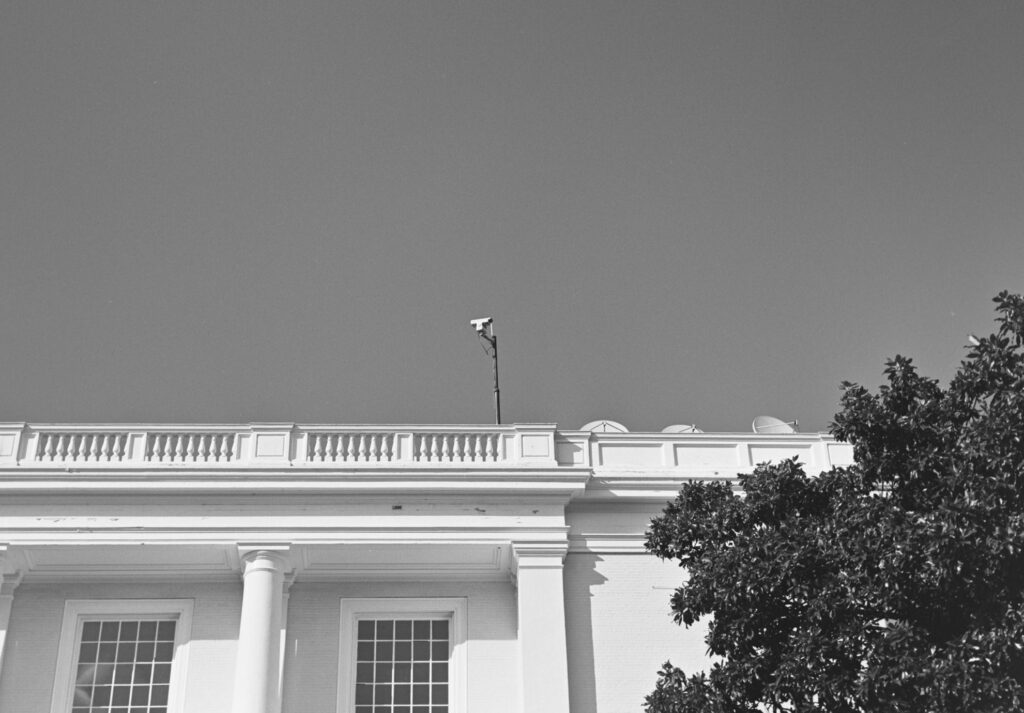 A building facade against a featureless sky