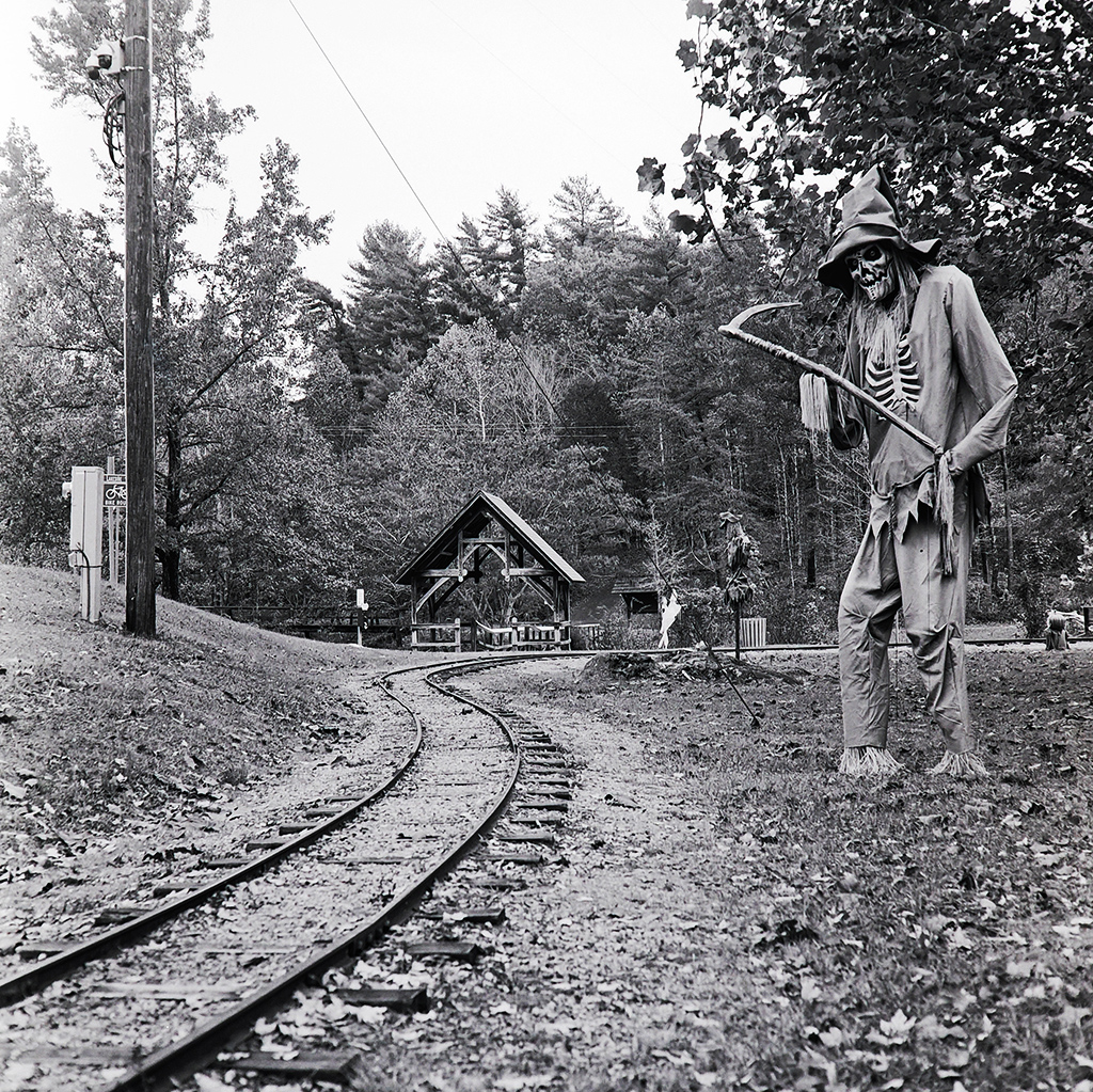 Halloween decorations that line the train track at Steele Creek Park