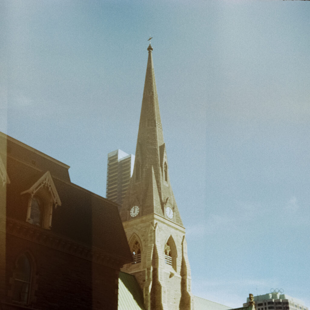 The spire of Christ Church Cathedral, near McGill station.