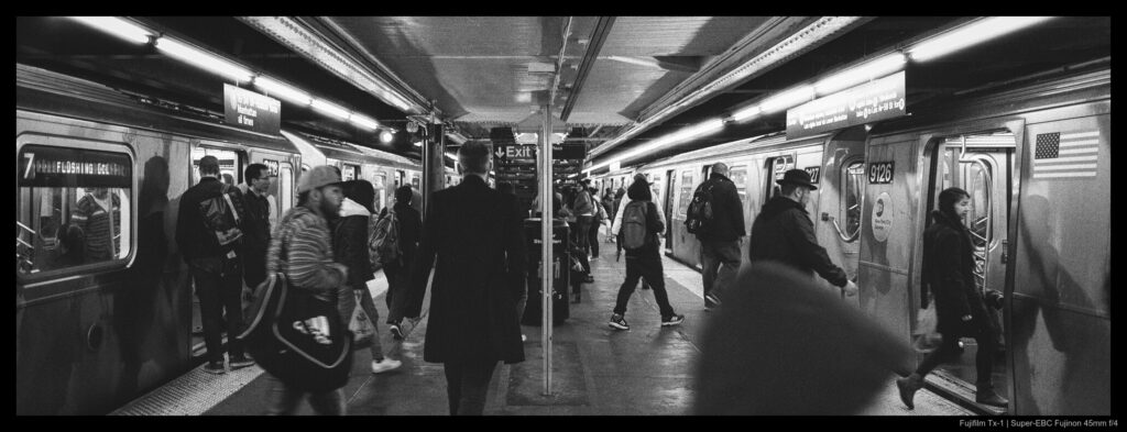 Commuters transfer between trains during a busy time of day.