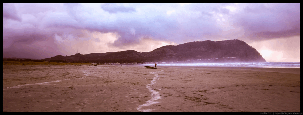 Two people on opposite sides of a log sit stand on a beach, with a low mountain visible in the background beneath a twilight cloudy sky.