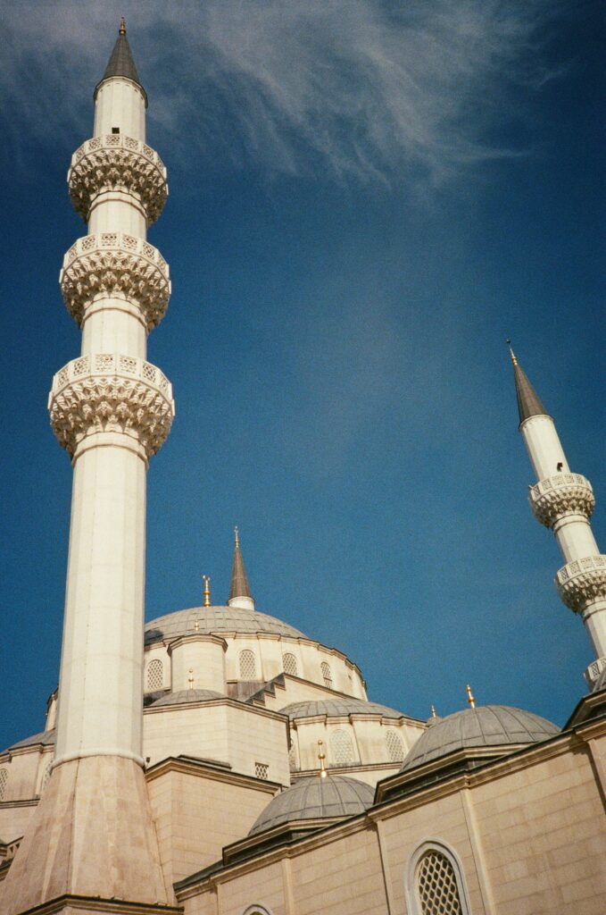 Upward shot of a Mosque in Bishkek with blue sky