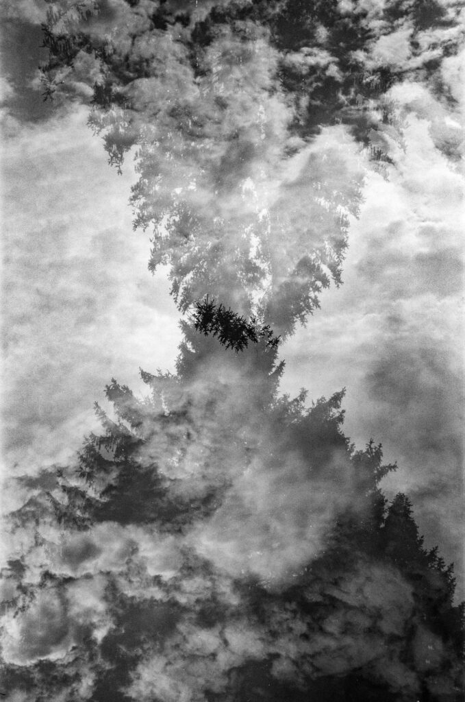 Black-and-white 35mm multiple-exposure photo blending dense clouds with layered tree silhouettes, creating a textured, abstract scene.