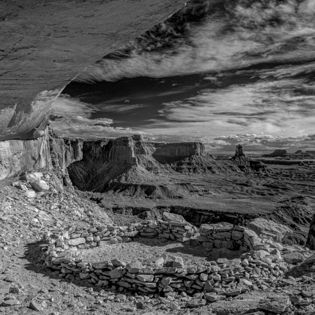 Infrared view from hidden kiva overlooking Canyonlands National Park.