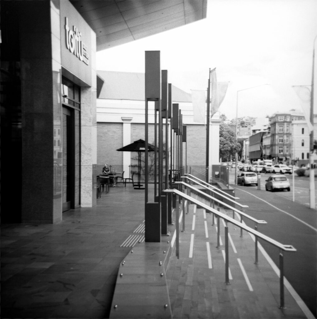 Entrance to Dunedin’s Toitu, Early Settlers Museum. Red filter.