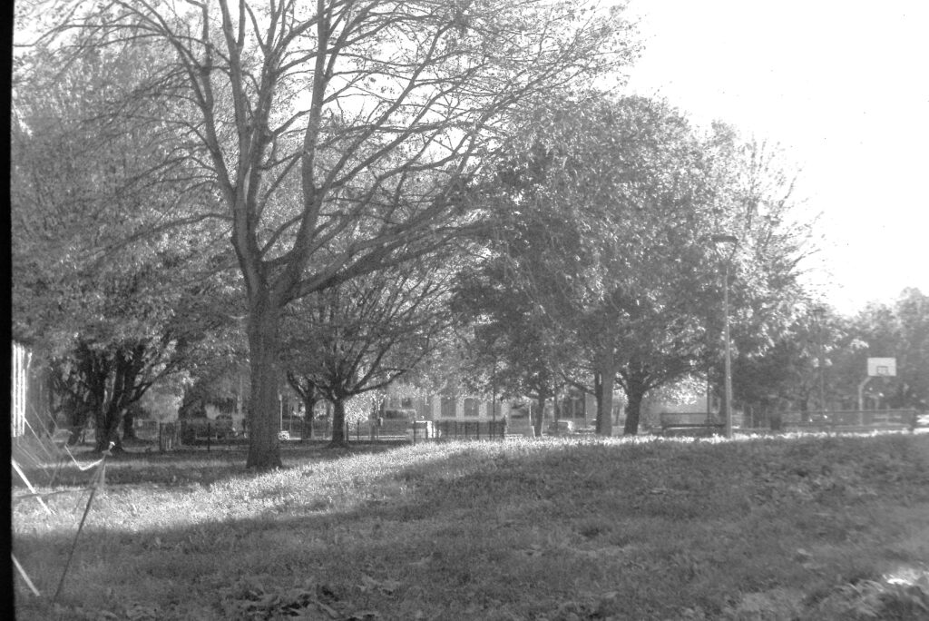 A neighborhood public garden, with some playground equipment for children and a few benches.
