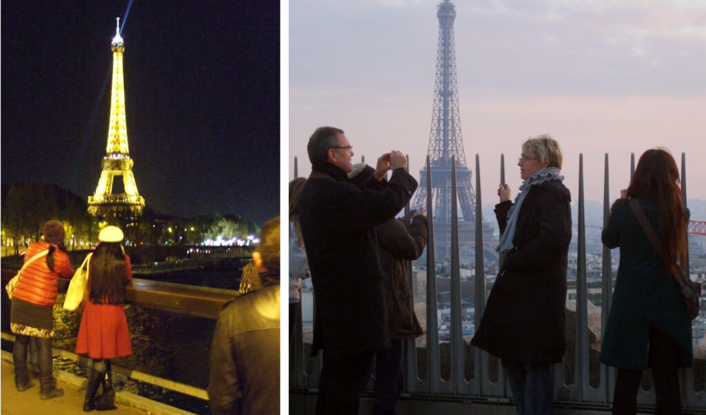 Day and night distant shots of the Eiffel Tower