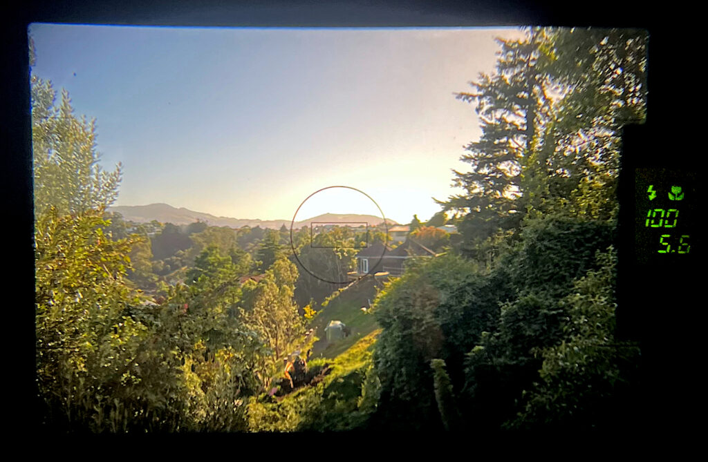 iPhone finder shot. The information panel is on the right with the spot meter and autofocus patches in the centre. Several of the icons only appear when the related control is activated but I have shown as many as remained lit. A circular spot appears at the top to confirm focus, and spot metering and a compensation scale appear below when in use.