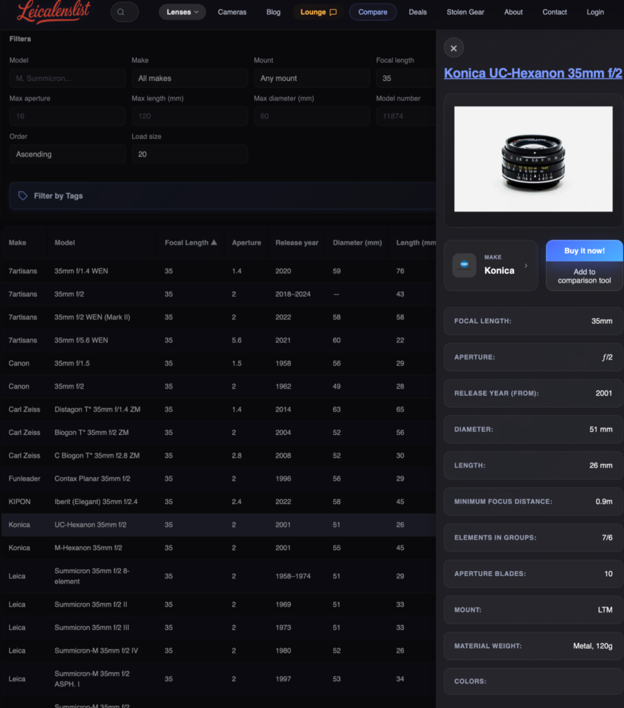 Leica Lens List - Lens Viewer
