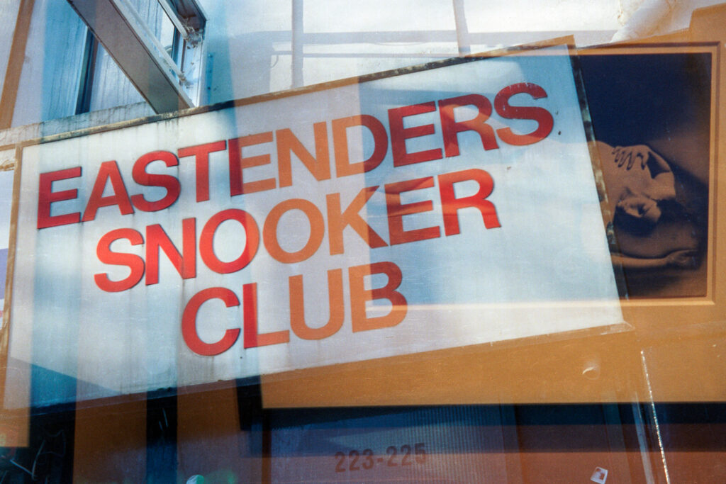 Double exposure featuring Eastenders Snooker Club signage merged with a gallery image from the recent Lee Miller Exhibition at Tate Britain.