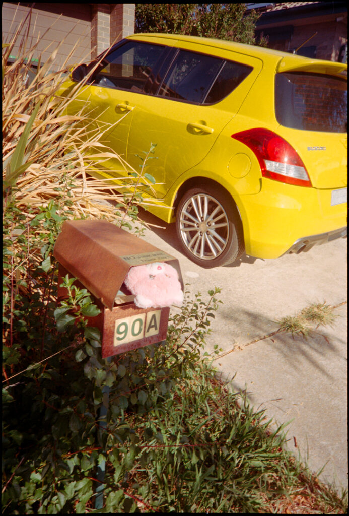 A pink toy bear stuffed into a letterbox in front garden. There is a yellow car parked in the driveway in the background.
