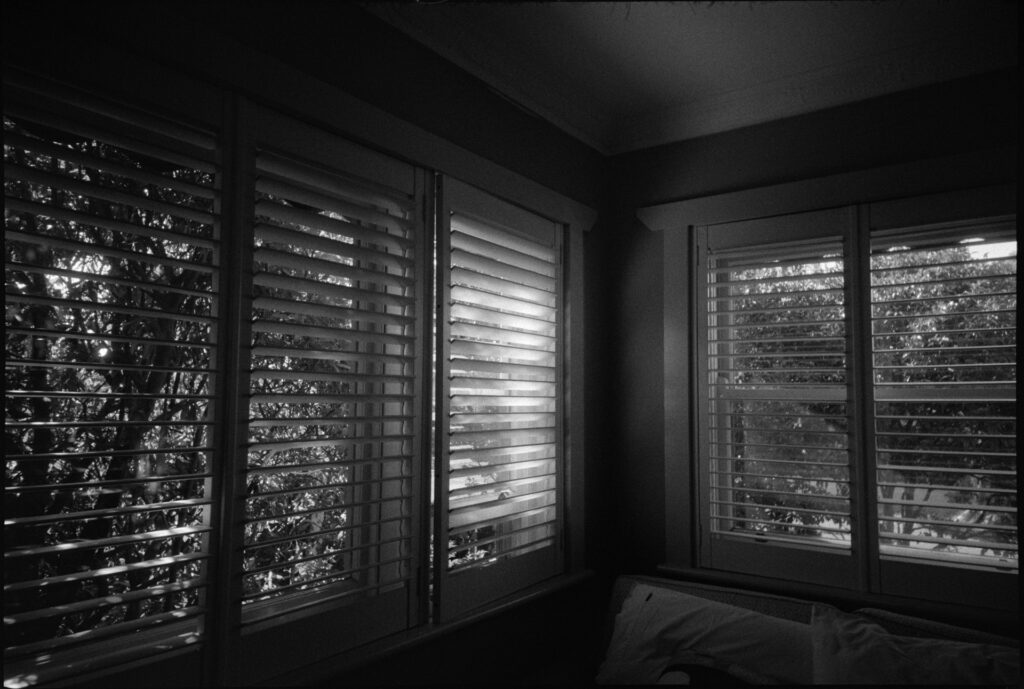 Black and white photo of some windows taken inside a room. There are windows across two walls with slats across them. Outside the sunlight is coming in through some trees in the garden.