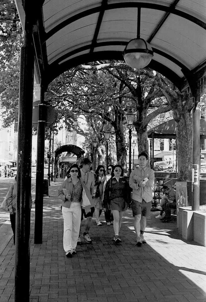 Covered walkway in the Octagon in the centre of Dunedin - Olympus. A good example of the wide latitude possible with this developer.