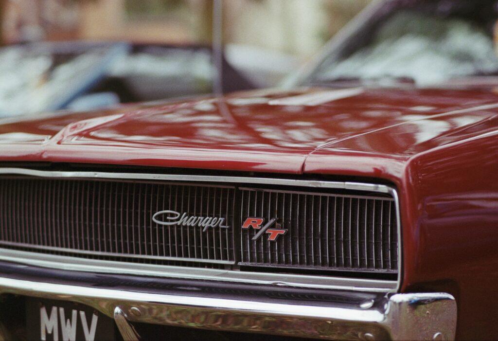 Maroon vintage Dodge Charger American muscle car close up