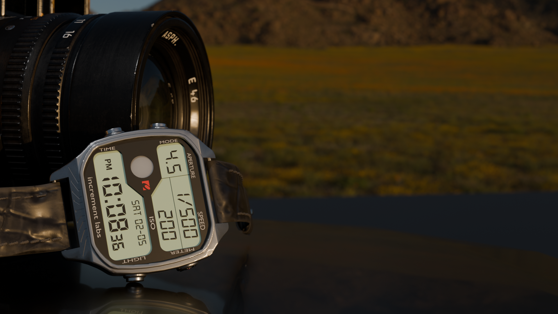 Image of our prototype light meter watch in front of a camera