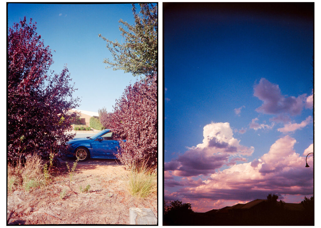 Two portrait orientated colour photos. On the left, the bonnet of a blue car with gold-coloured wheels is framed by two bushes with red leaves, there is a light blue sky with no clouds. On the right, a photo of some clouds with purple and pink hues. The top of the frame is a deep blue sky with a gradient to black. The lower part of the image is a silhouette of a of a house.