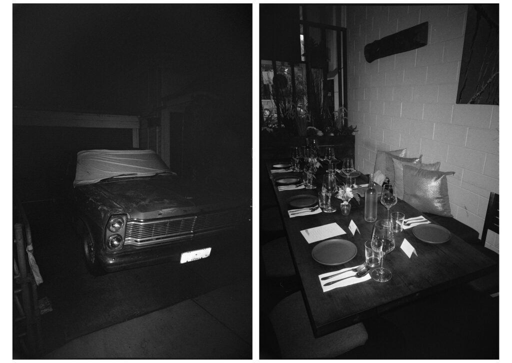 Two portrait orientated black and white photos. Left image - an old Ford car parked in a driveway with a cover over the windshield. The photo was taken at night and is illuminated only by a small flash. The back of the image fades to shadows quickly. Right image - a table at a restaurant set with glasses and table ware. The table is next to a wall and there are a serious of cushions on the seats next to the wall.