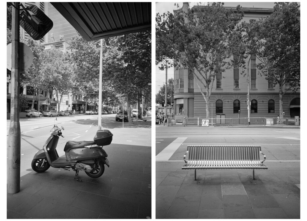 Two black and white portrait orientated photos. The left shows a Kymco Like 125 scooter parked on the pavement next to a road. The photo on the right is of a metal bench on the edge of the pavement backing onto the road.