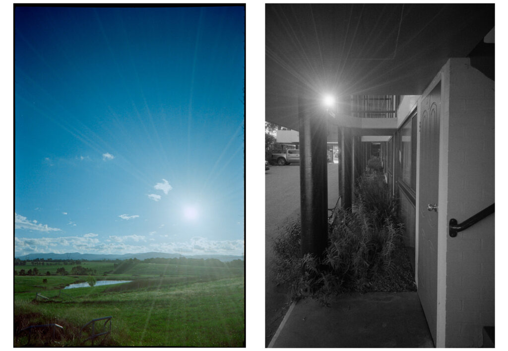 Two portrait orientated photos. Left image - a colour photo of a green grassy field with a blue sky. The sun is prominent in the image with flare across the image.