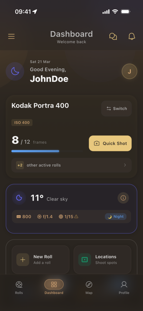 Pellica dashboard showing a list of film rolls with exposure counts and stock names