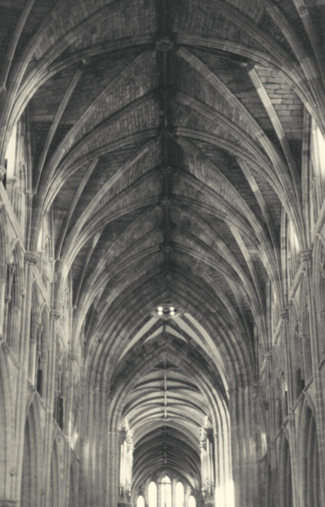 Black and white picture of a cathedral roof