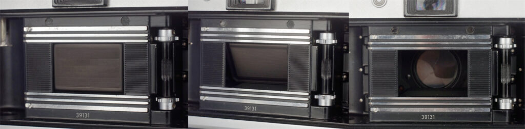 Film gate in three stages - capping plate closed, rising to allow exposure and fully open with mirror raised.
