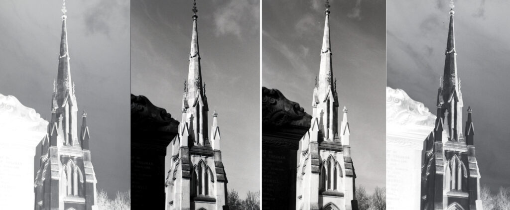 Straight inversion, no levels adjustment, of under- and over- exposed negs of the spire of Cargill’s tomb, Dunedin’s Northern cemetery. Adjusting in curves could bring them both very close thanks to digitals wider tonal coverage. The extra exposure has captured a small amount of extra detail.